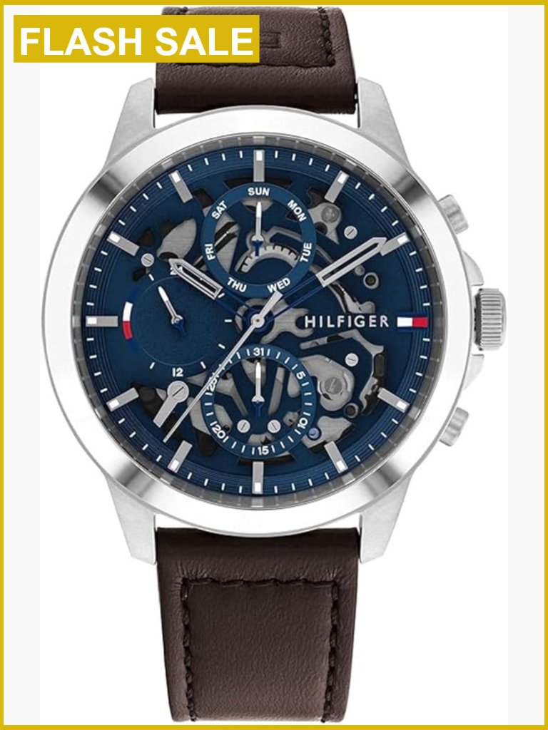 Men's Stainless Steel Skeleton Dial Watch, Quartz Multifunction, 44mm
